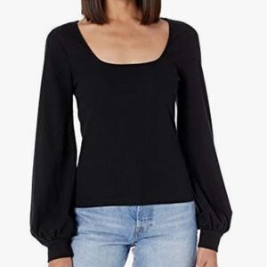 Square-Neck Balloon Sleeve Ribbed Top Black Size Small